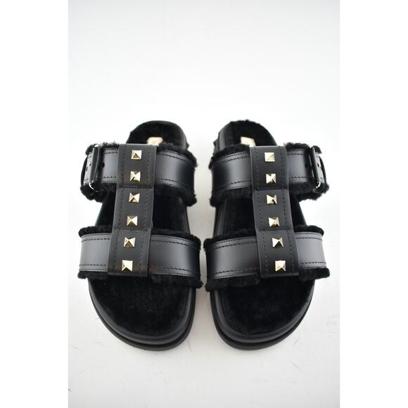 Valentino Rockstud Black Shearling Fur Caged Mule Slip On Slides Sandal Flat 36 - Picture 5 of 12